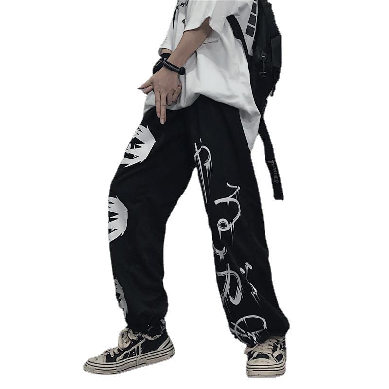 Male Streetwear Wide Leg Oversize Pants Black Harajuku Printed Anime Sweatpants Loose Casual Sport Straight Trousers Men