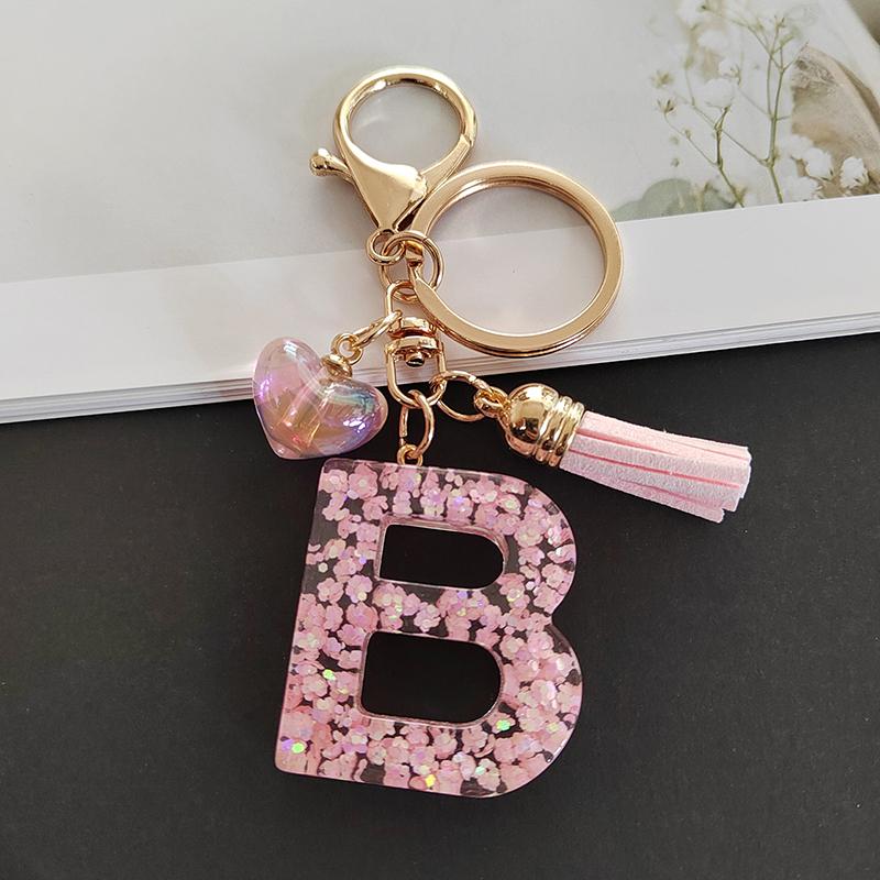 

Pink A-Z Shiny Sequin Letter Pendant Keychain Tassel Star Ball Charms Keyrings Women Bag Ornaments Car Trinket Accessories B