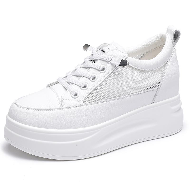 Fashion Summer New Style Thick-soled Insole Height-increasing Genuine Leather Women's Shoe Mesh White Sneakers Casual Sports Women Shoes