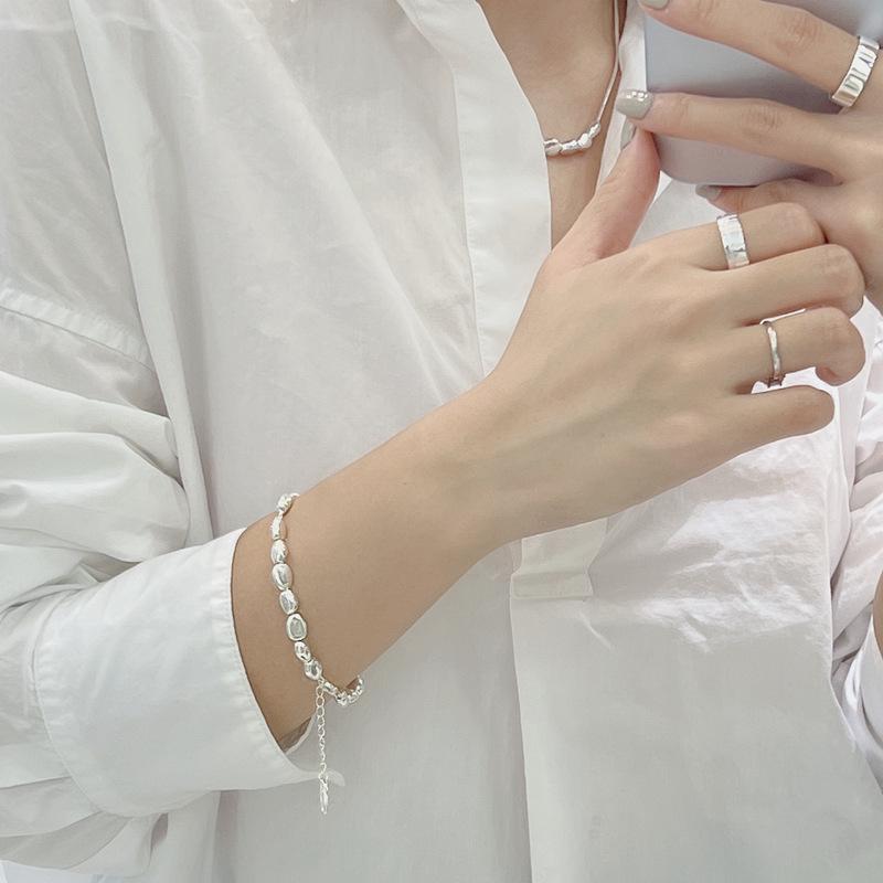 Korean Style Silver Bean Necklace & Bracelet Set - Fashionable S925 Sterling Silver Clavicle Chain