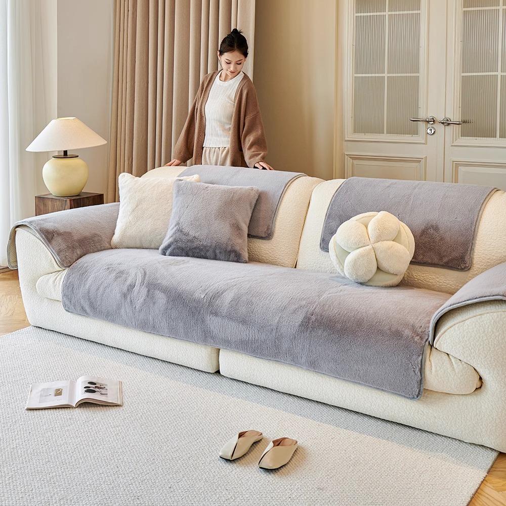 New Imitation Mink Sofa Cushion Light Luxury High Sense Thickened Plush Seat Cushion Winter Non-Slip Leather Sofa Cover