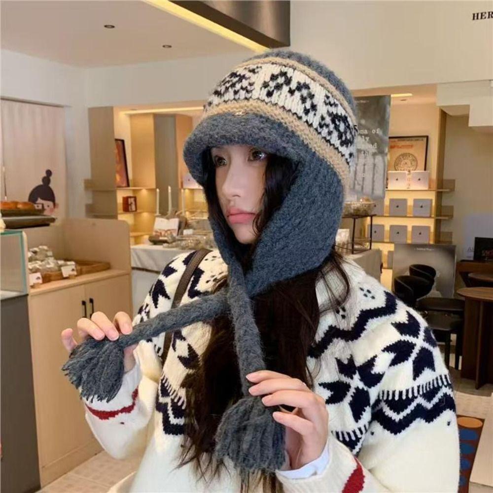 Woolen Jacquard Knitted Hat Tassel Ear Cap Fashion Lei Feng Cap Autumn
