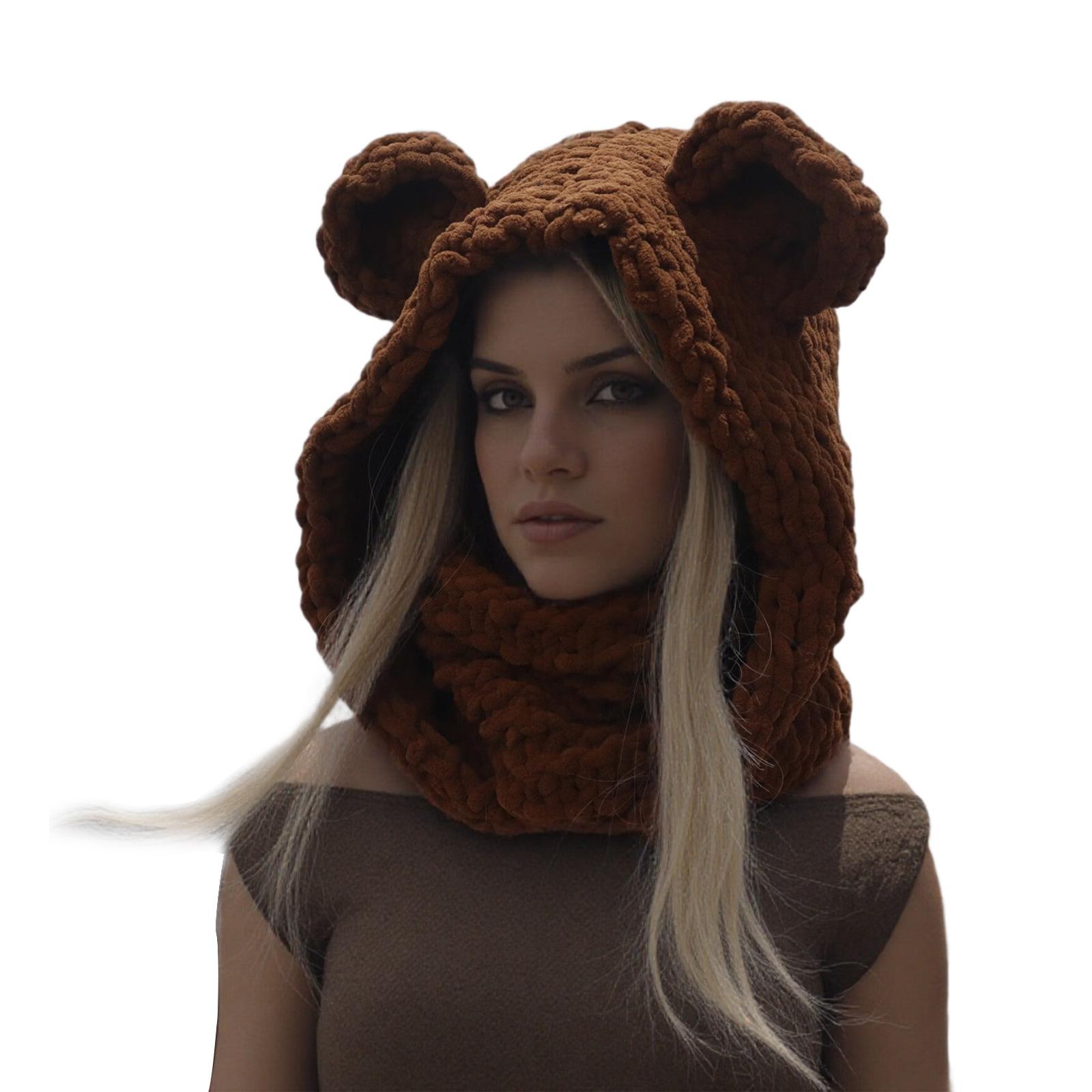 

Knitted Scarf Hat with Lovely Bear Ear Design Breathable Neck Gaiter Hat For Ice Fishing Snowboarding Cosplay Costume кофейный