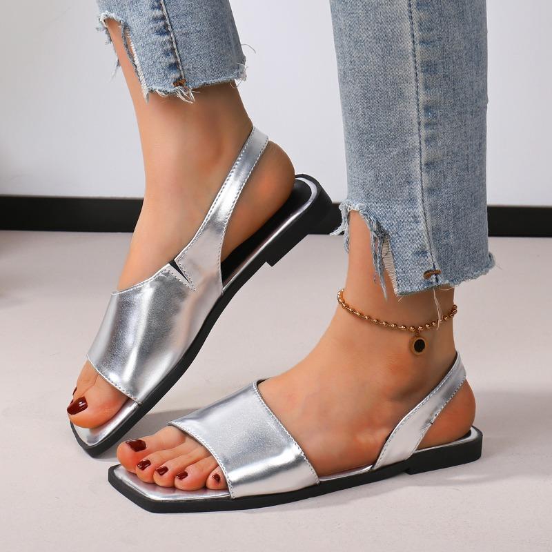 Summer Women Black Leisure Luxury Style Square Open The Toe Flats Shallow Mouth Sandal New Arrival Genuine Shoes