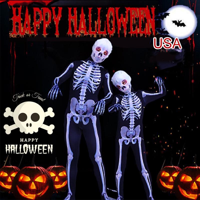 Unisex Parent-child Skeleton Man Costume Jumpsuit With Spooky Mask For Halloween Fun
