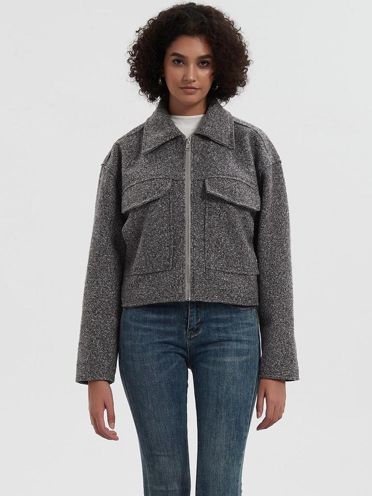 Women's European & American Style Grey Wool Coat with Turn-Down Collar, Large Pockets, for Autumn & Winter