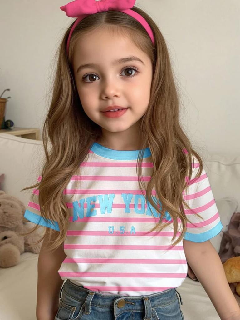 Girls T-Shirts Strawberry Sequin 3D Printed Summer Short Sleeve Tee Stripe Round Neck Loose Tops Streetwear Children's Clothing