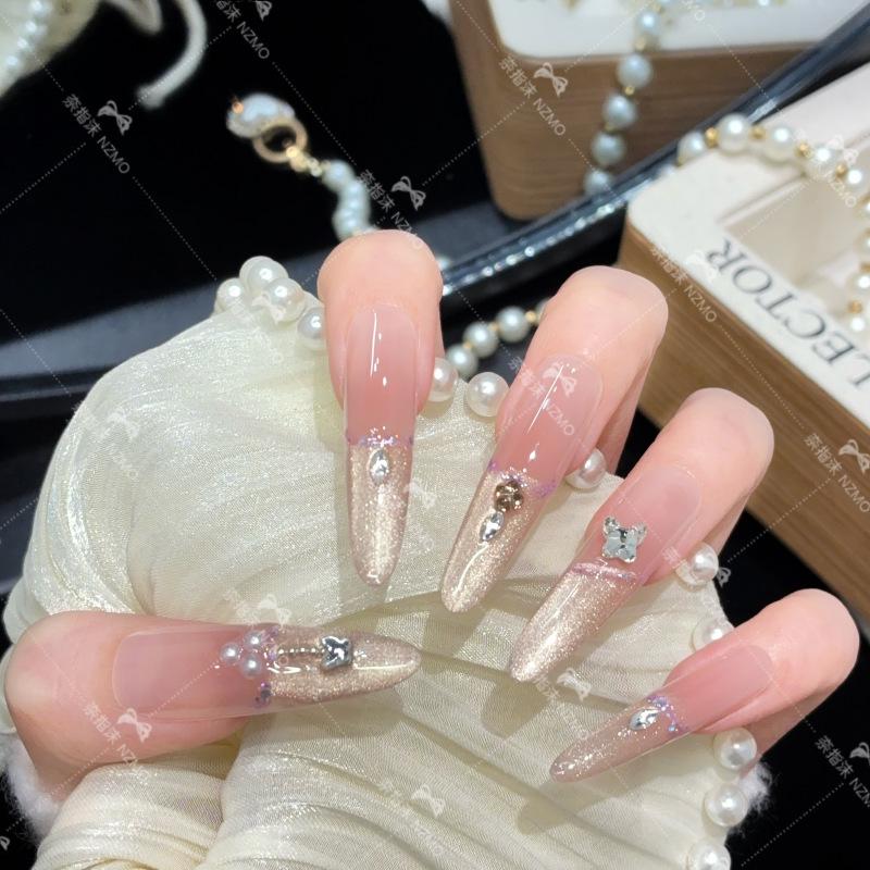 

Whitening Cat Eye Nails with Sparkly Diamonds - Handmade, Long-Lasting and Stylish L109-M (4.0)
