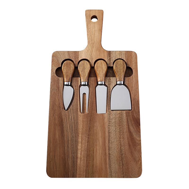 Acacia Wood Cheese Board Set with Stainless Steel Cheese Knife and Fork - Western Style 4-Piece Cutting Set