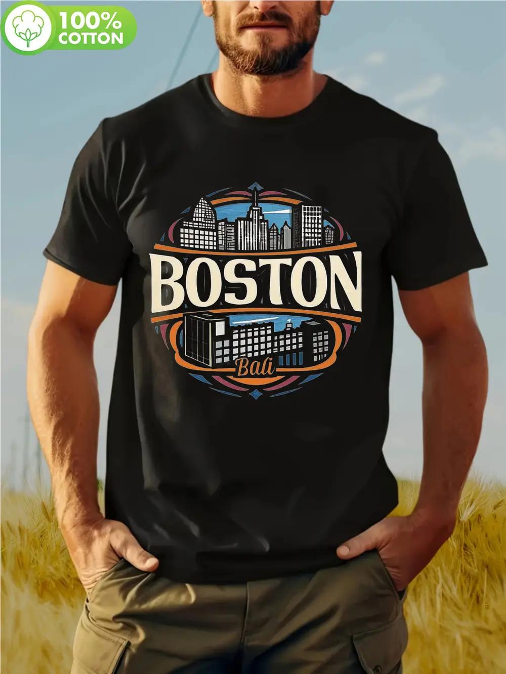 Boston Skyline Graphic T-shirt - Retro Urban Casual Short Sleeve Tee XXL