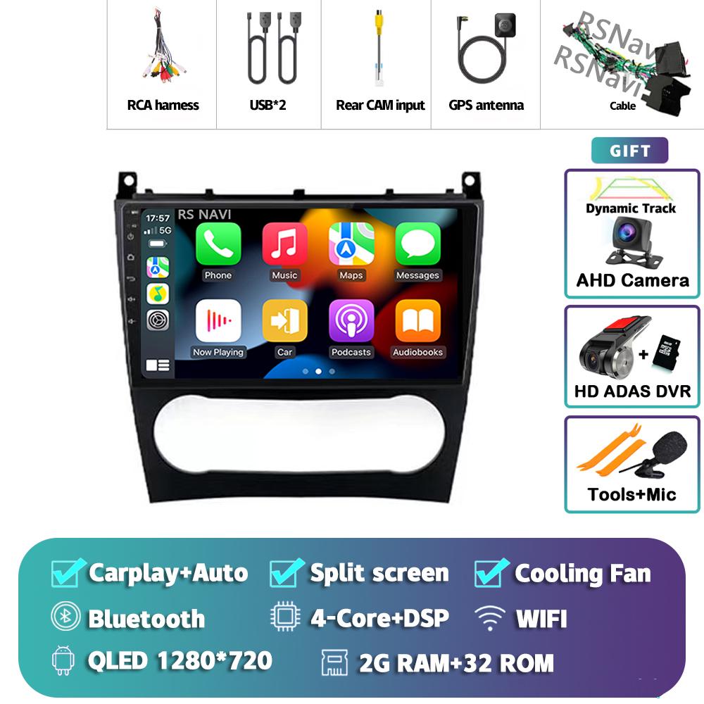 Android 14 Carplay Auto For Benz W203 Car Radio Player Multimedia Stereo Navigation 4G+WIFI AI Voice Head Unit DVD 360 Camera BT