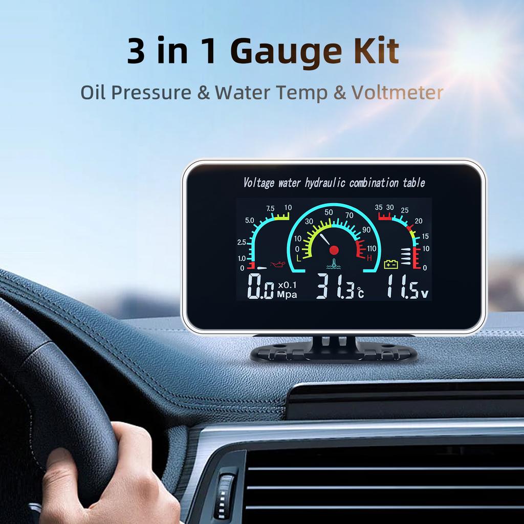 3 in 1 Car LCD Meter Digital Oil Pressure Voltage Gauge Water Temperature Gauge With temp press sensor for Car Truck SUV 12V/24V