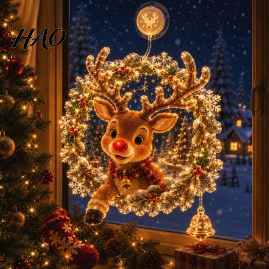 Holiday Home Decor Christmas Suction Cup Window Light, 7.8-Inch Double-Layer Warm LED Winter Decoration Battery Powered Hanging Light for Glass