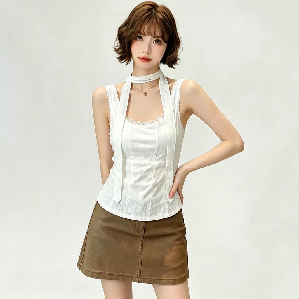 White Pure Desire High-end Streamer Lace Sleeveless Suspender Vest Women's Summer Niche Short Top Tide