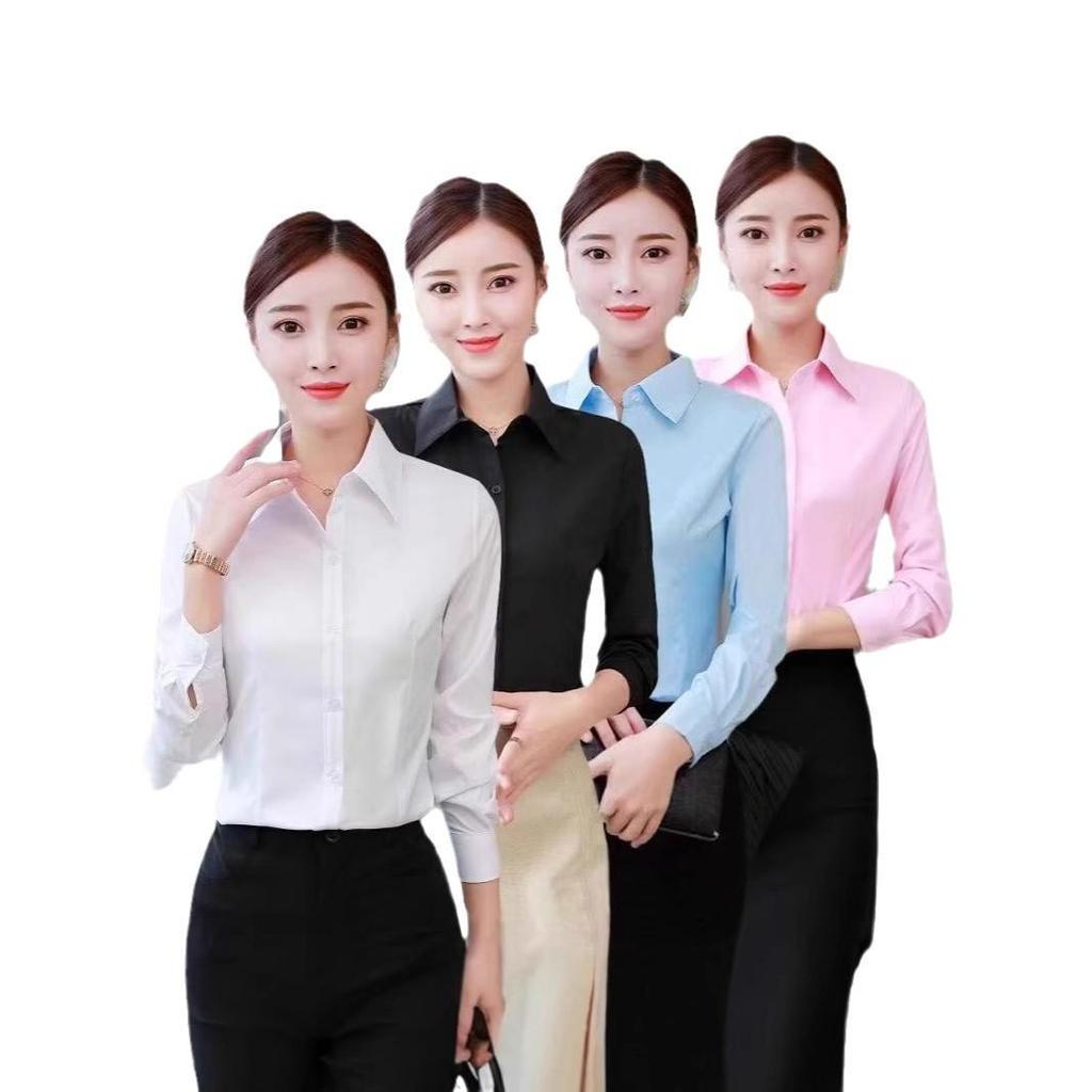Women's Slim Fit Workwear Shirt, Short & Long Sleeves, Formal Office Uniform, White & Blue, Spring/Summer Collection.
