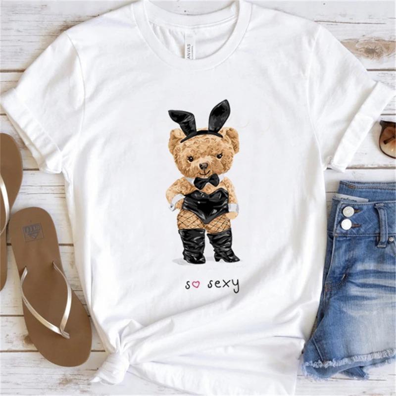 Cute Little Bear Print TShirt Summer Trend White Short Sleeve Neck Casual Sports Aesthetic Clothes Womens Graphic T Shirts