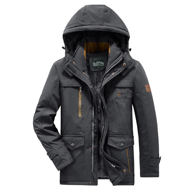 Men's Fleece-Lined Winter Coat - Thick, Casual, Multi-Pocket, Mid-Length Jacket for Middle-Aged and Elderly
