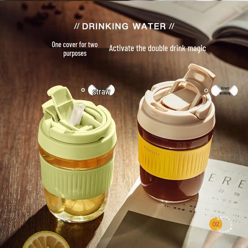 Vanow Portable Glass Coffee Cup with Handle & Straw