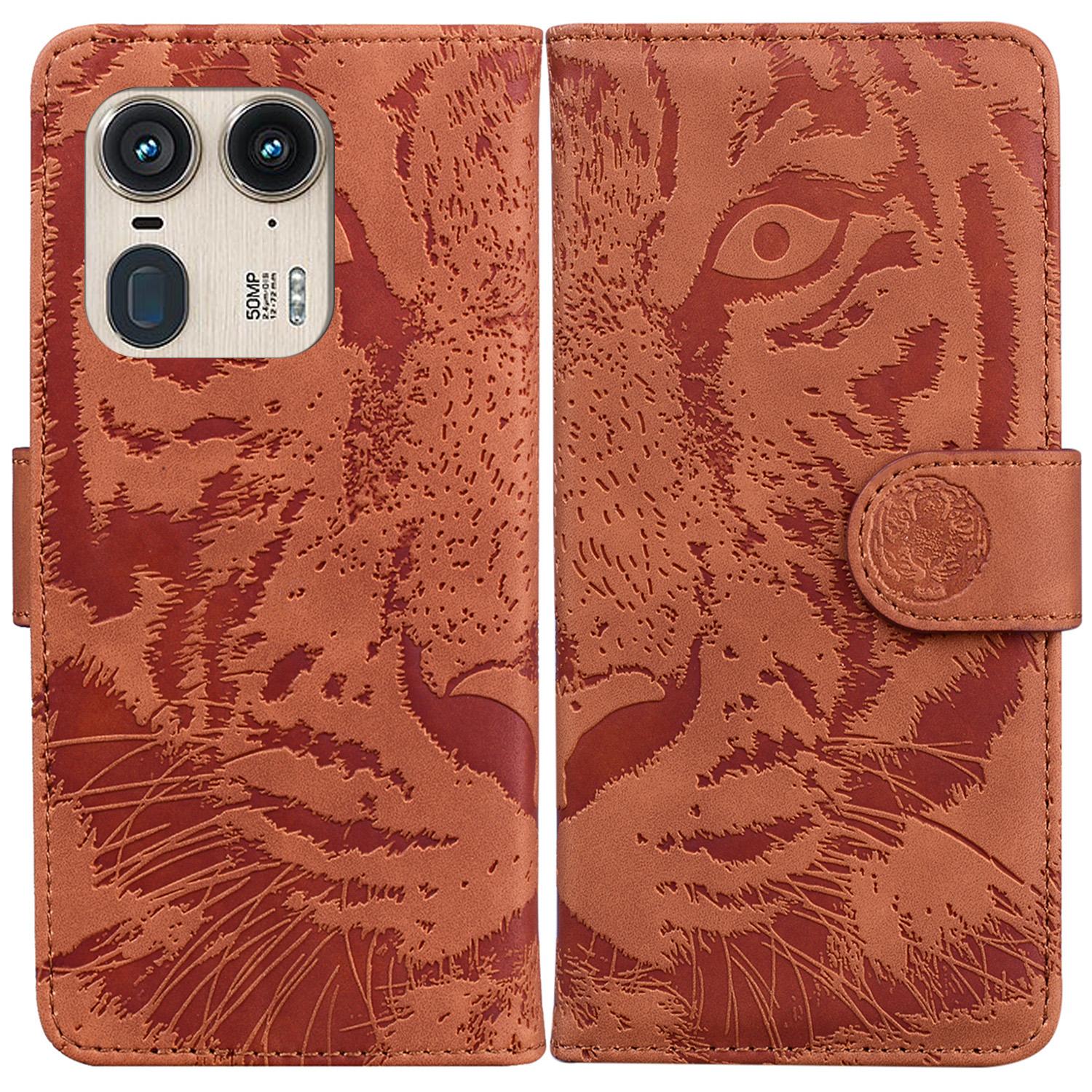

For Motorola Edge 50 Ultra 5G/Moto X50 Ultra 5G Case Tiger Imprint PU Leather Flip Phone Cover Brown