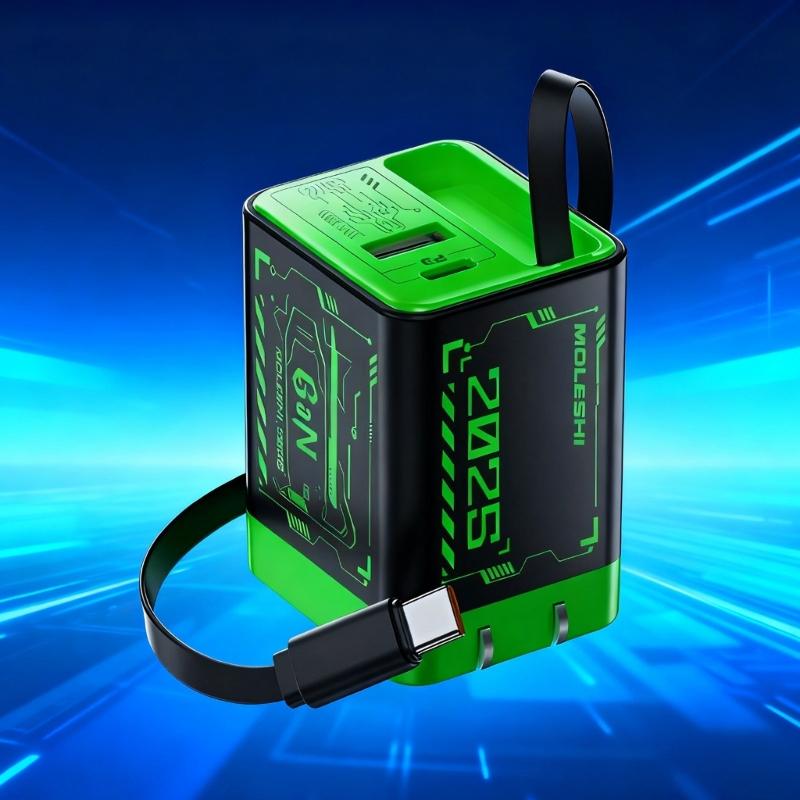 Portable Fast Speed 67W Charging Adapter With Retractable Cord Cable Double USB A+C Port For Phone Tablet Laptop Devices