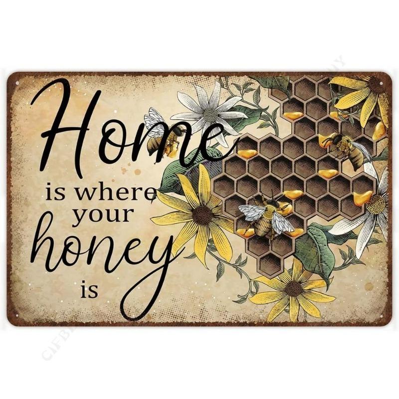 Bee Metal Wall Sign for Home Cafe Bar, Creative Tin Decor 30x20cm
