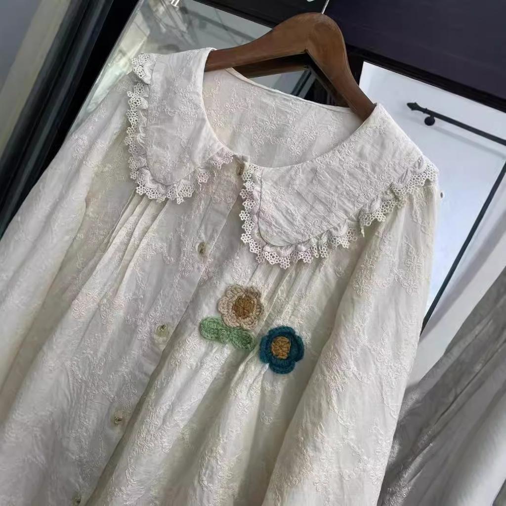 1116 Spring New Women's Lapel Japanese Cotton and Linen Shirt Loose Shirt Embroidered Mori Women's Long Sleeve Top