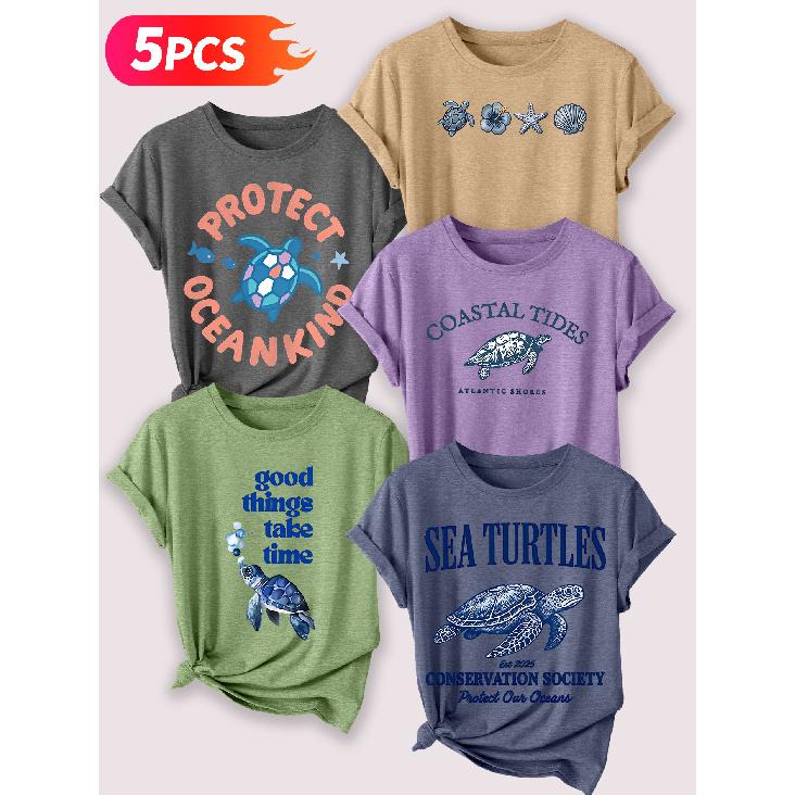 Follow a specific direction Five-piece set of women's short-sleeve tops Ocean Turtle Theme Vintage Print Elegant summer clothing Sleeveless