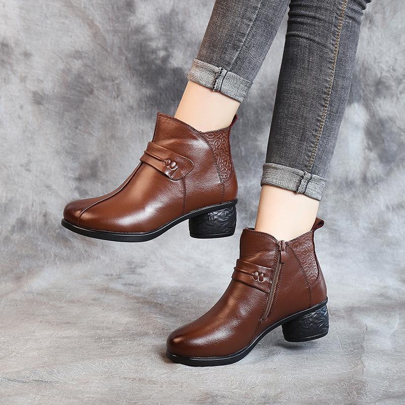 Buy Midheel Embossed Warm Martin Boots with Rounded Head and Side