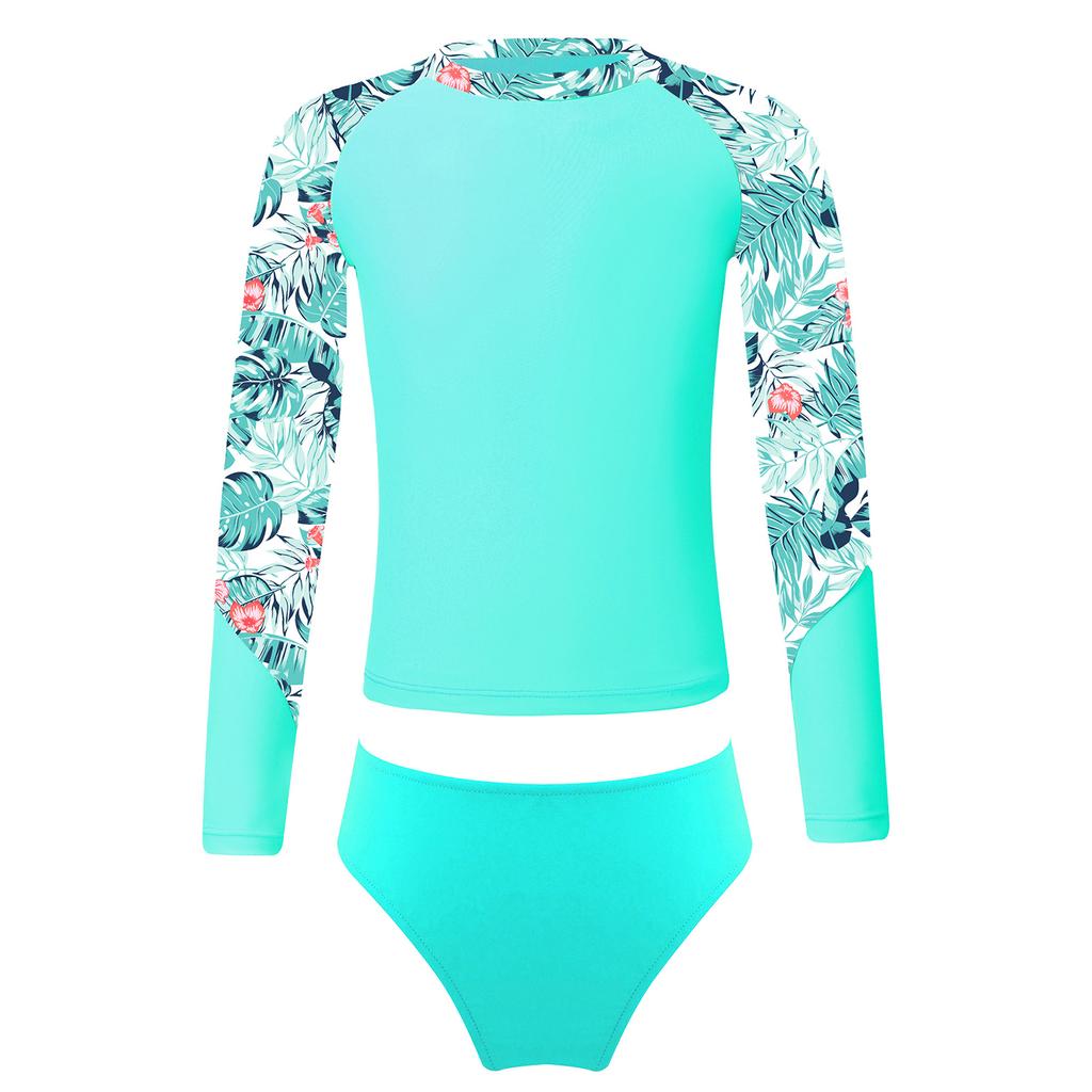 Girls Long Sleeve Swim Set Printed Mock Neck Rash Guard Top Swim Briefs UPF 50 Sun Protective Beach Pool Outfit