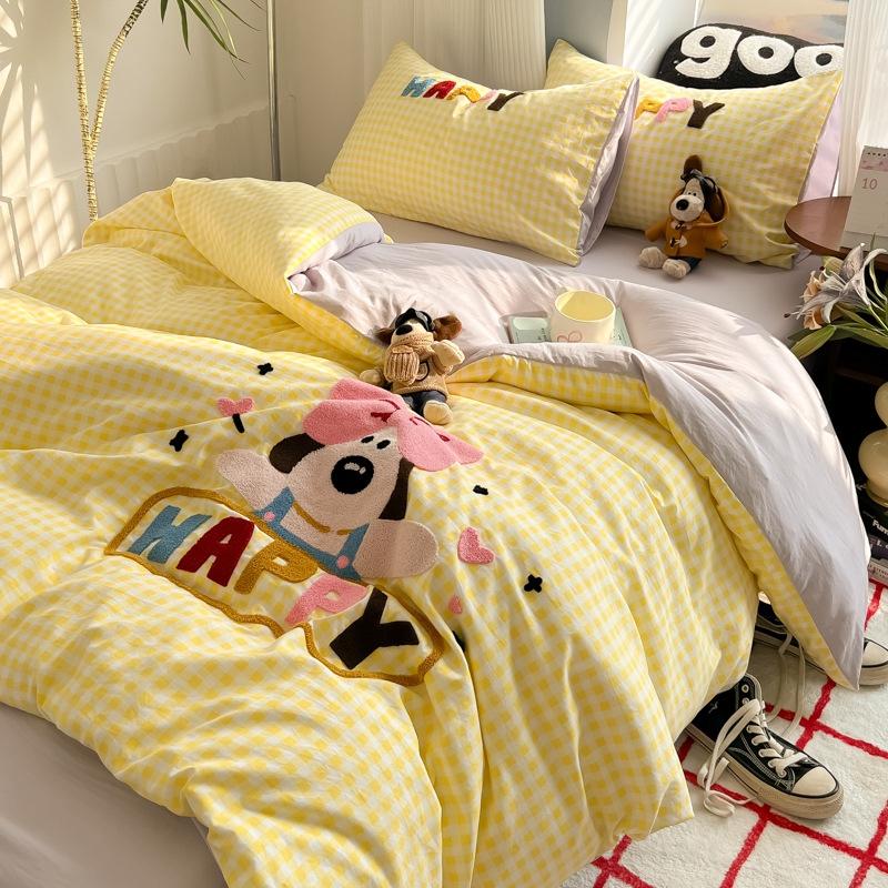 Cloud Pure Cotton Quilt Cover Bed Sheet Embroidery Four-piece Set Cartoon Puppy Skin-friendly Breathable Bed Sheet Bedding