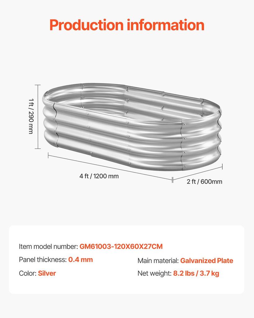 Metal Raised Garden Bed, 1.2 X 0.6 X 0.3 M Oval Outdoor Galvanized Planter Garden Box, Open Bottom Design, Large Planter Raised Bed for Growing