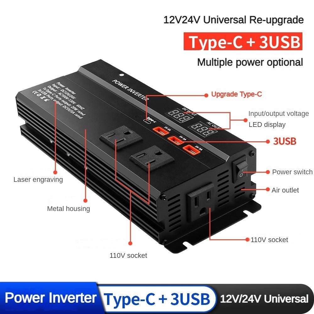 Household LED Portable High Power Car Inverter  Universal Solar Power Converter Digital Display Voltage Transformer