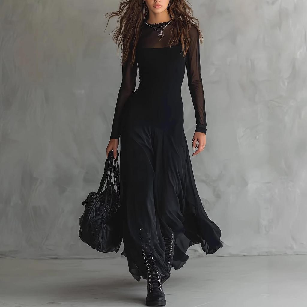 Sleek Black Mesh Long Sleeve Dress - Sexy & Elegant European & American Style