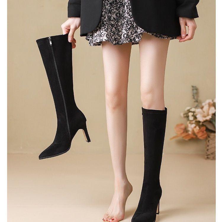 apricot suede elastic thin boots but knee thick heel high boots autumn 2025 new pointed high heel boots women