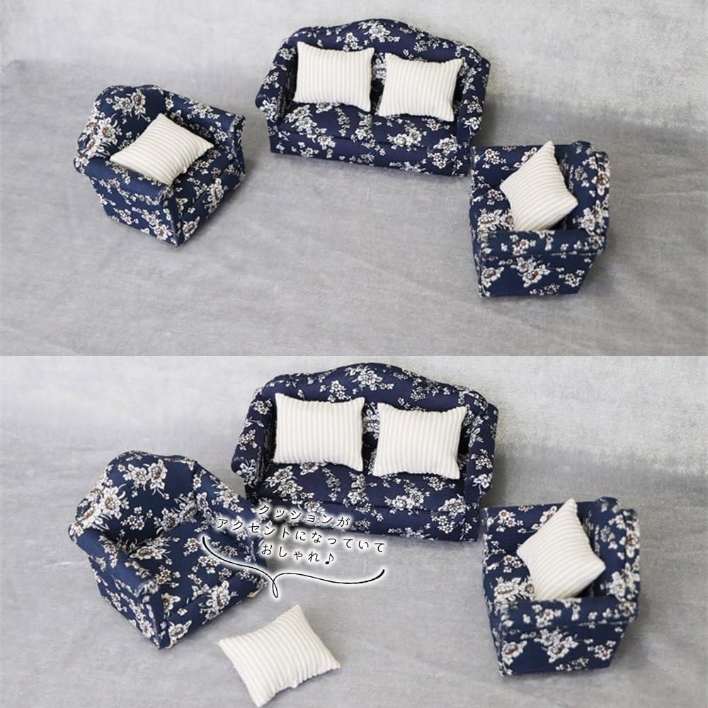 moin moin Miniature Furniture Scale Furniture Sofa 3 Piece Set B Two Seater Single Seater Single Cushion White Blue Floral Pattern Retro Bicolor