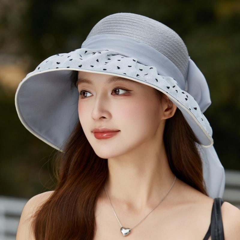 Sweet Heart-Patterned Ribbon Women Sun Hat for Outdoor Activities, Holidays Beach Bow