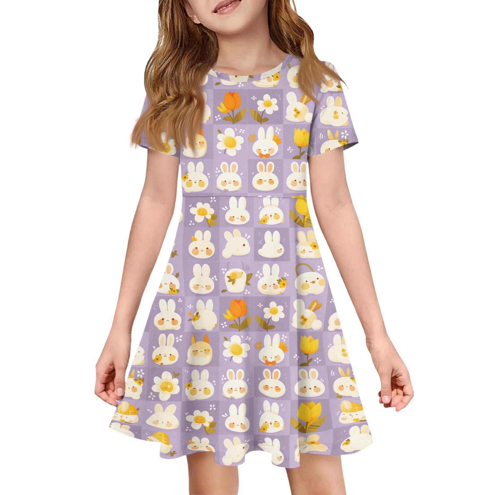 

Girl Summer Dress Color & Print Short Sleeve Dress With Pocket Casual Dress Shorts Sleeve Party Dress Easter Day 140