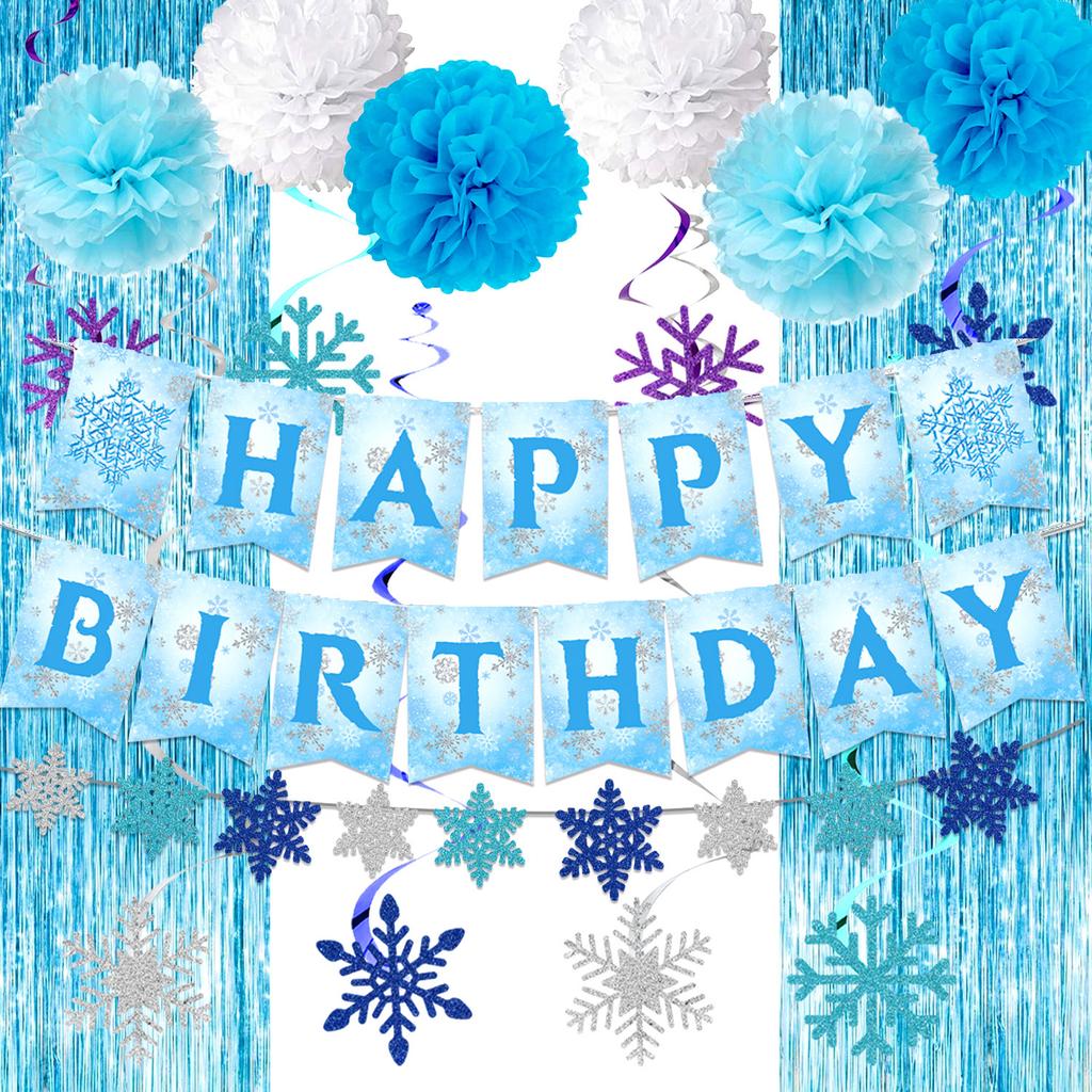 Blue Snowflake Birthday Party Decoration Snowflake Flag Rain Curtain Balloon Birthday Set Birthday Party Supplies