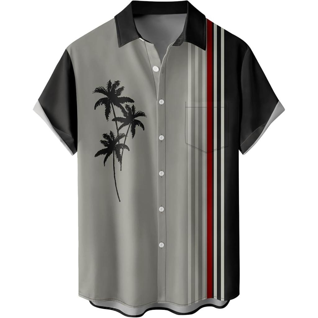 Summer Men's Gradient Sketch Coconut Tree 3D Print Shirt, Retro Hawaiian Tropical Quick-Drying Loose Aloha Shirt