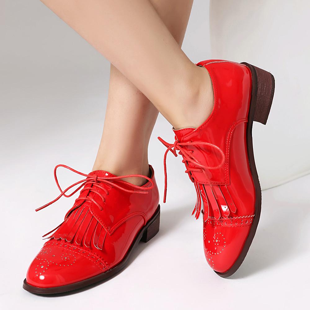 Móda Móda Jaro Šněrovací Oxfordky Dámské Šněrovací S Kulatou Špičkou Mokasíny Přezka Střapec Kůže Derby Britské Dámské Boty na Silném Podpatku