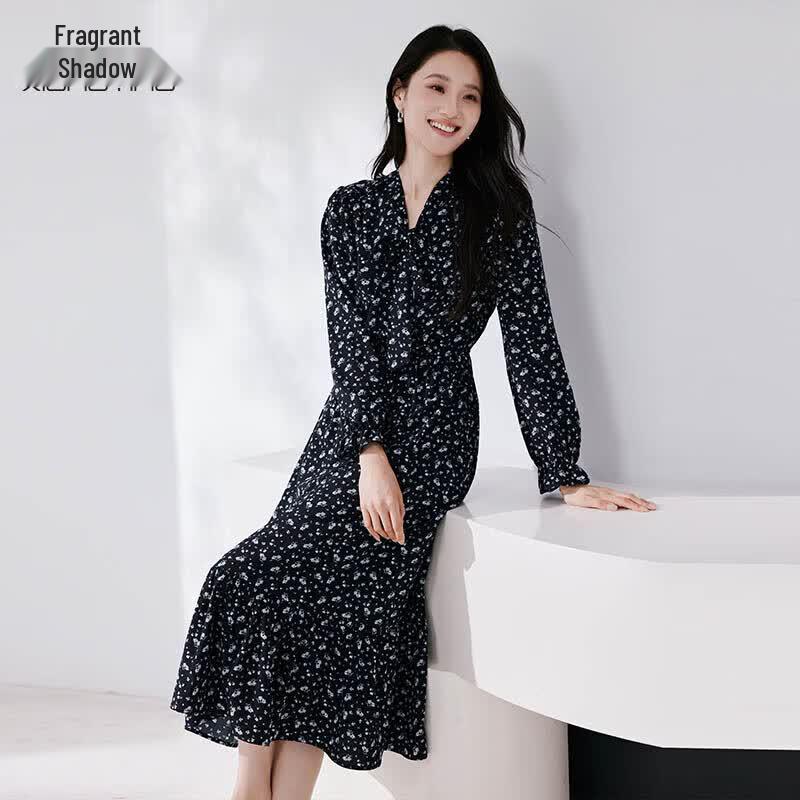 Xiangying French Style Blue Floral Long-Sleeve Dress