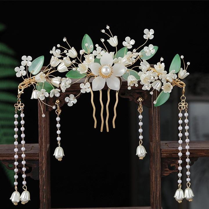 FORSEVEN Chinesisches Haaraccessoires Damen Blume Perlen Haarnadeln Lange Quaste Kopfschmuck Stäbe Haarkamm Brautschmucksets