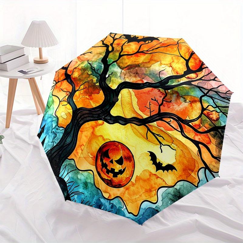 Halloween Tree with Jack-o'-lantern and Bats Watercolor PrintUmbrella, Portable 3-Fold Compact Umbrella,Christmas Gift ES599