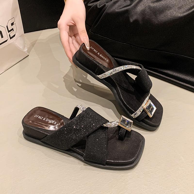 

Женские шлепанцы с квадратным носком и кристаллами, роскошные сандалии с перемычкой, танкетки, летняя обувь, дизайнерские 2025 новинки, женские шлепанцы для вечеринок, сандалии 35 чёрный