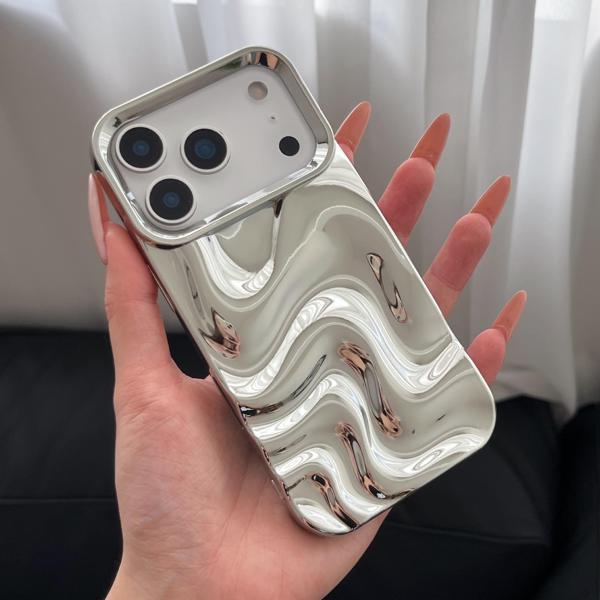 Premium Electroplated Silver Ripple Pattern Case for iPhone 14 Pro Max / 15 / 16 / 17 Pro 16 Pro Max