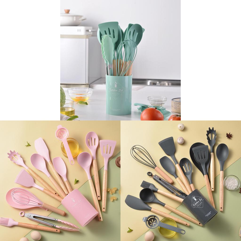 Silicone Kitchen Utensil Set With Wooden Handles For Cooking Nonstick Heatresistant For Home Use