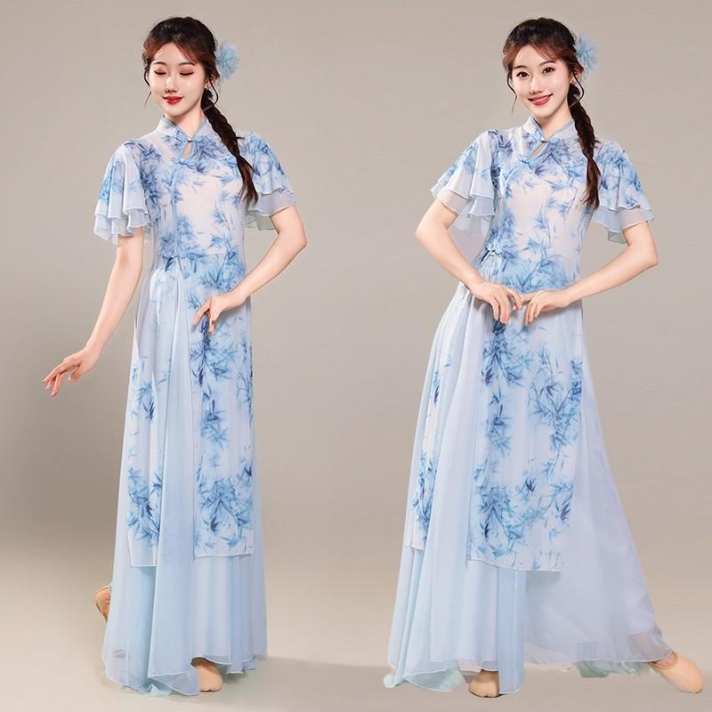 Women's Chinese Traditional Dance Dress, Bamboo Print Cheongsam Style Flowy Practice Costume For Tea Art & Folk Dance