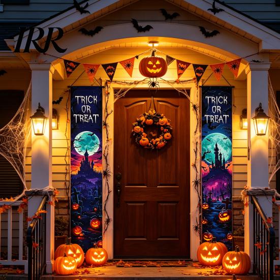 Party Hanging Decoration Halloween Porch Sign Banner, Pumpkin Ghost Awning Wall Decorative Accessory Door Decoration, Front Wreath Banner Yard Festive