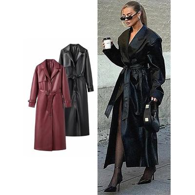 Straße Leder Lange Jacken Frauen Lose Revers Einreiher Gürtel Pu Mäntel Weibliche Herbst Lange Ärmeln Solide Outwears Dame