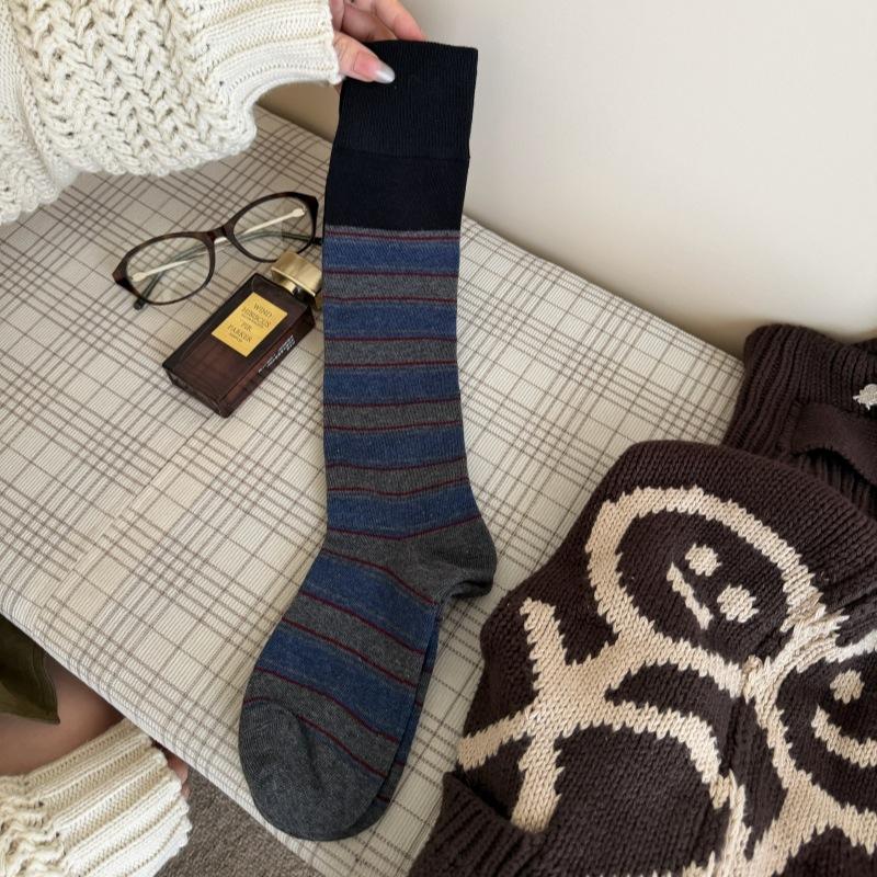 Color-block socks for women, autumn/winter vintage color-blocked striped calf socks, INS trendy Melard long leg cuff socks
